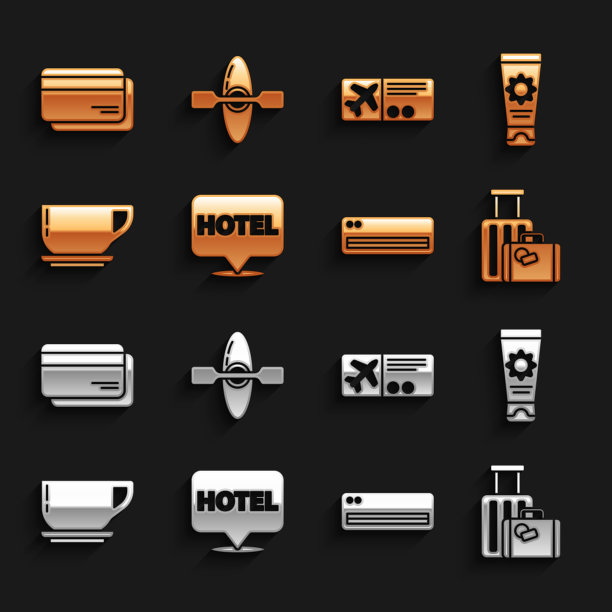 设置位置酒店，防晒霜管，行李箱，空调，咖啡杯，机票，信用卡和Kayak或独木舟图标。向量图片下载