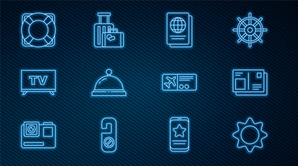 酒店服务铃，智能电视，救生圈，机票和行李箱图标。向量图片下载