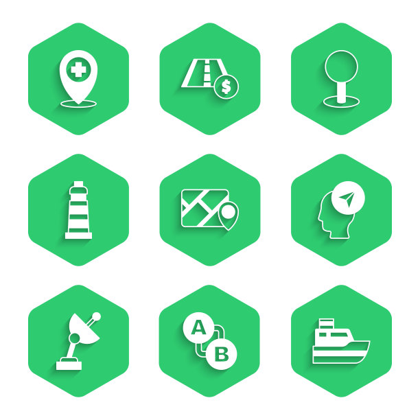 设置城市地图导航信息图，航线位置，船线路径，位置与人，雷达，灯塔，推针和交叉医院图标。向量图片下载