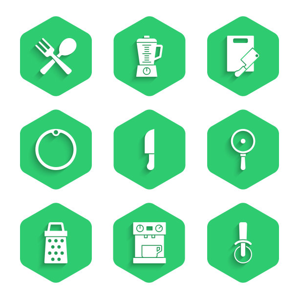 设置刀，咖啡机，披萨刀，煎锅，刨丝器，砧板，和肉菜刀和叉勺图标。向量图片下载