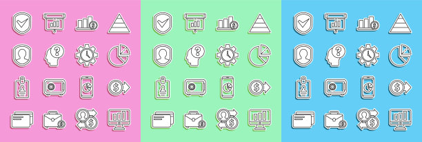 设置线监视器与图形，硬币美元，饼信息图，和，人头问号，用户保护，盾检查和时间管理图标。向量图片下载