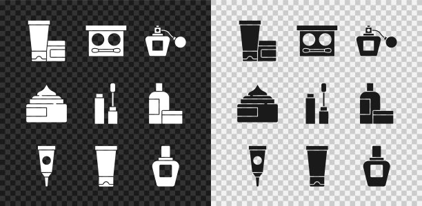 设置霜或乳液化妆品管，眼影调色板，香水和睫毛膏刷图标。向量图片下载