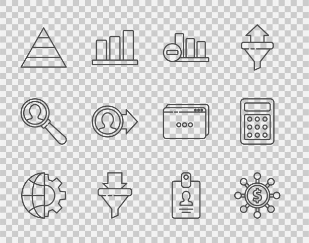 设置线地球仪的地球和齿轮，美元，分享，网络，饼图信息图，销售漏斗箭头，金字塔信息图，工作晋升，身份徽章和计算器图标。向量图片下载