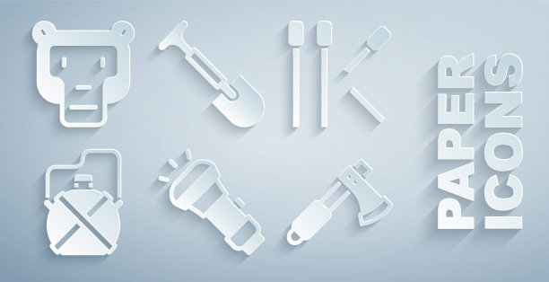 设置手电筒，火柴，水壶水瓶，木斧，铲子和猴子图标。向量图片下载