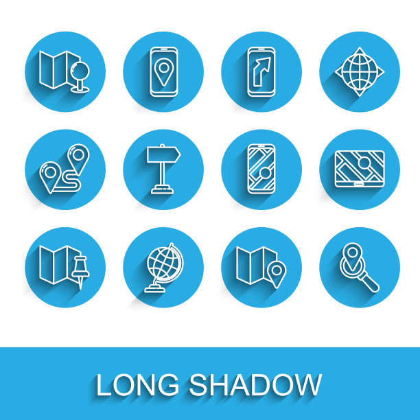 设置线折叠地图与推针，地球仪，位置标记，搜索，道路交通标志，城市导航和图标。向量图片下载