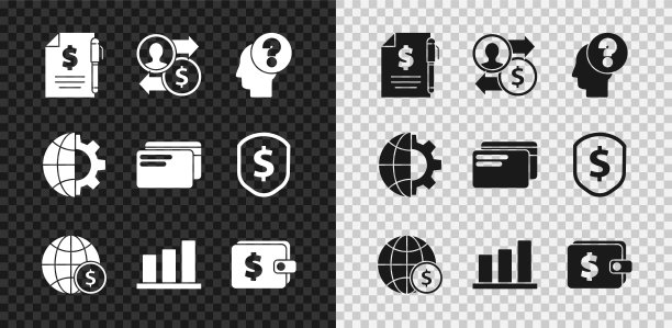 设置合同钱和笔，工作晋升交换，人头带问号，地球地球美元，饼图信息图，钱包，齿轮的地球和信用卡图标。向量图片下载