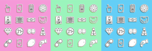 设置线手握赌场筹码，赌场庄家，扑克桌，扑克锦标赛邀请，笔记本老虎机，香槟冰桶和堆栈纸钱现金图标。向量图片下载