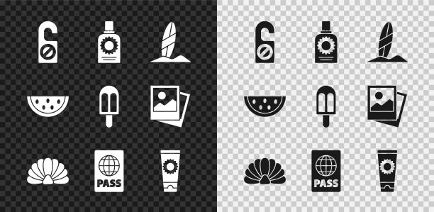 设置请勿打扰，防晒喷雾瓶，冲浪板，扇贝贝壳，护照，奶油管，西瓜和冰图标。向量图片下载