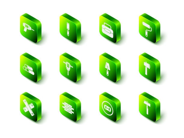 设置锉刀、工具箱、漆辊刷、木斧、锤子、镘刀、插座和砖块图标。向量图片下载