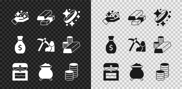 设置金矿，交换货币，戒指，古董宝箱，熔化的黄金，硬币，旧包和采矿图标。向量图片下载