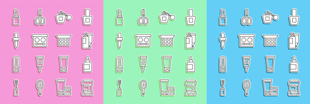 集线止汗除臭卷，霜乳液化妆品管，香水，眼影调色板，移液器，口红和化妆粉与镜子图标。向量图片下载