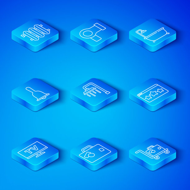 集智能电视、淋浴、箱包、五星级评价、带淋浴的浴缸、酒店服务铃、暖气片、图标于一体。向量图片下载