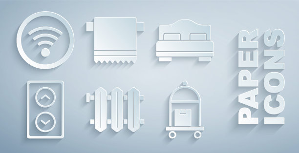 在衣架上设置暖气散热器，酒店房间床，电梯，行李箱，毛巾和Wi-Fi无线图标。向量图片下载