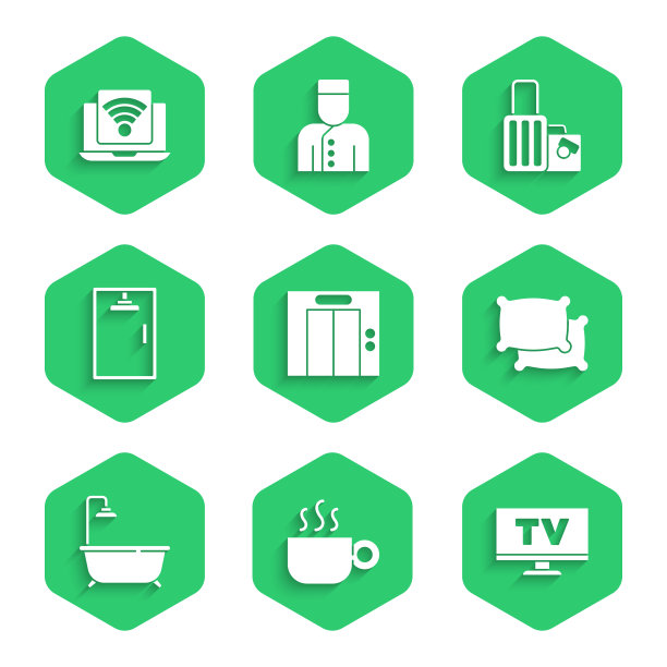 设置升降机，咖啡杯，智能电视，枕头，浴缸淋浴，淋浴舱，手提箱和无线笔记本电脑图标。向量图片下载
