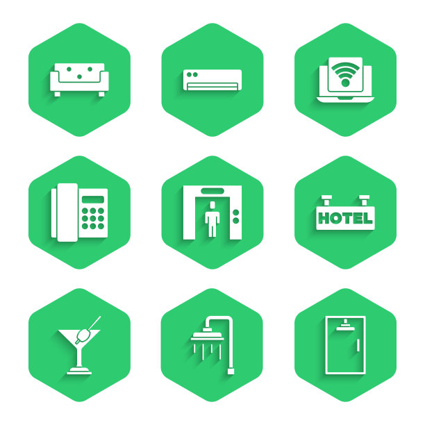设置电梯，淋浴，船舱，招牌与文字酒店，马提尼玻璃，电话听筒，无线笔记本电脑和沙发图标。向量图片下载