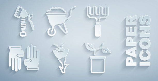 设置花，花园耙子，橡胶手套，盆栽，手推车与泥土和水喷瓶图标。向量图片下载