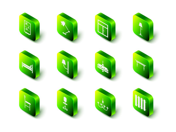 设置台灯，窗户在房间，地板，木制桌子，暖气散热器，吊灯，和办公椅图标。向量图片下载