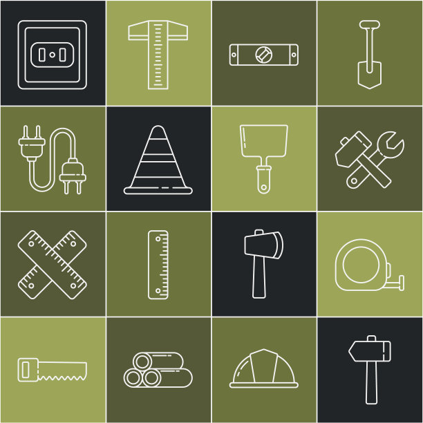 设置线锤，轮盘结构，扳手扳手，施工气泡水平，交通锥，电插头，插座和油灰刀图标。向量图片下载