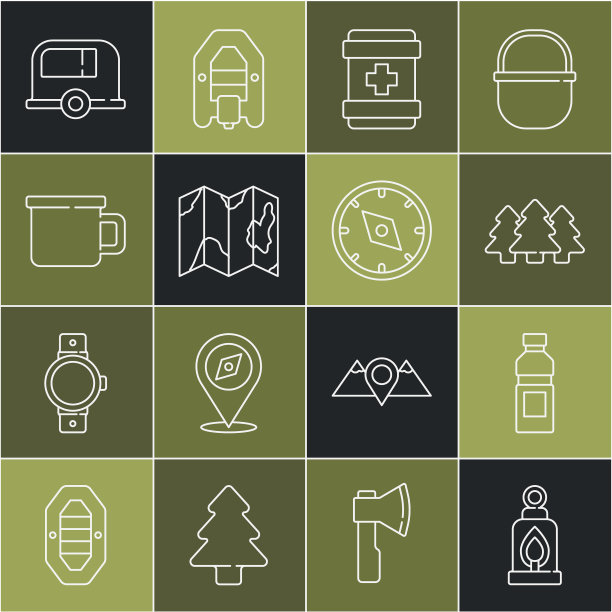 设置线野营灯笼，瓶装水，森林，急救箱，在地图上定位森林，金属马克杯，房车拖车和指南针图标。向量图片下载