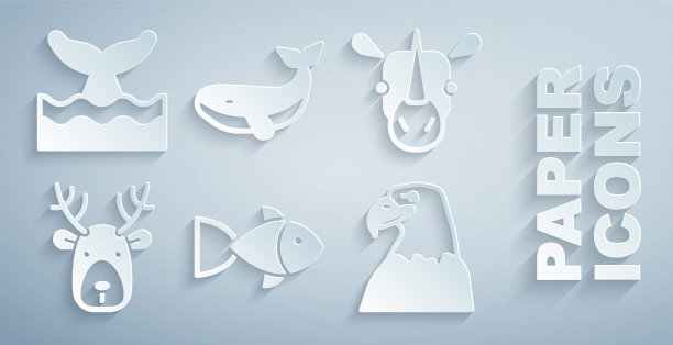 集鱼，犀牛，鹿头与角，鹰，鲸鱼和尾海浪图标。向量图片下载