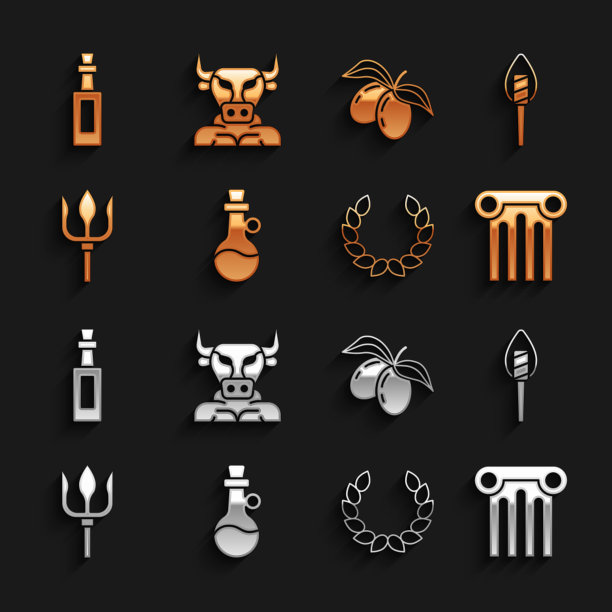 设置瓶子橄榄油，火炬火焰，古代柱，月桂花环，海王星三叉戟，橄榄树枝，和人身牛头怪图标。向量图片下载