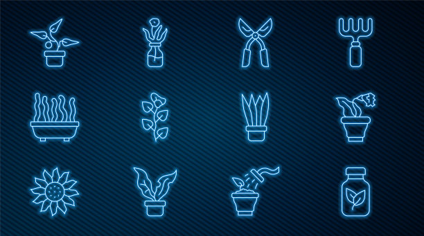 设置线化肥瓶，花盆里的花，园艺手工剪刀，常春藤树枝，植物，和玻璃图标。向量图片下载