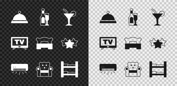 设置覆盖食物托盘，香槟酒瓶玻璃，鸡尾酒，空调，扶手椅，酒店房间床，智能电视和卧室图标。向量图片下载