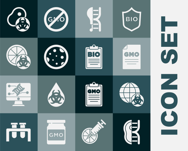 设置转基因肉、转基因食品、鸡肉、细菌培养皿、橙色和生物健康食品图标的文档。向量图片下载