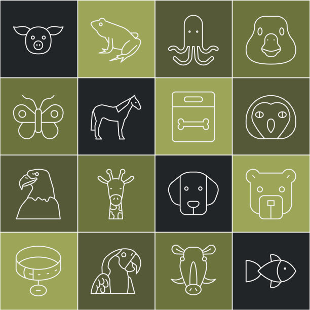 设置线鱼，熊头，猫头鹰鸟，章鱼，马，蝴蝶，猪和狗骨头图标。向量图片下载