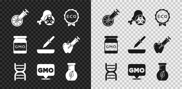 设置转基因橙、转基因研究鸡、生态健康食品标签、DNA符号、转基因、试管和烧瓶、移液管图标。向量图片下载