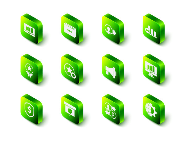 设置网站模板，工作推广，饼图信息图表，监视器，地球和齿轮，扩音器，兑换货币和图形，图表，图表，图标。向量图片下载