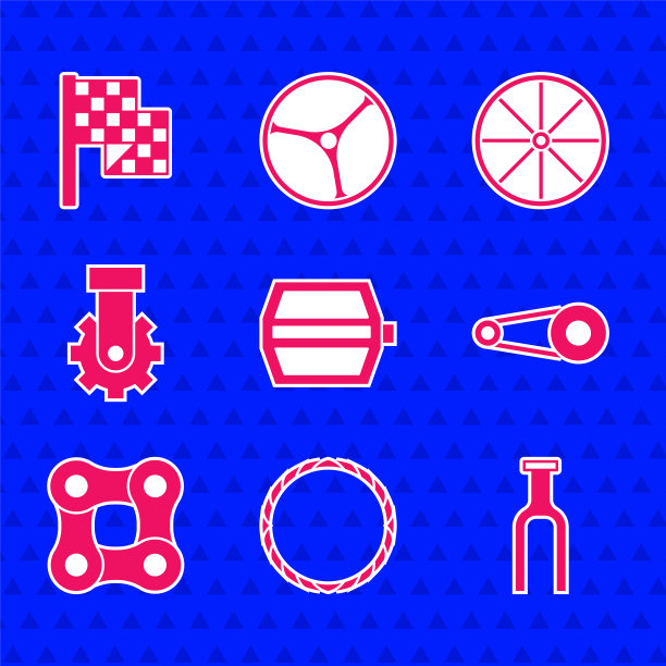 设置自行车踏板，车轮，叉，链条与齿轮，变速器自行车后，和格子旗图标。向量图片下载