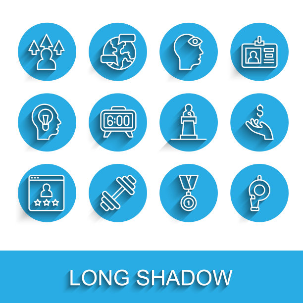 设置线路客户产品评级，哑铃，前端开发，奖章，哨子，数字闹钟，手握硬币钱和扬声器图标。向量图片下载