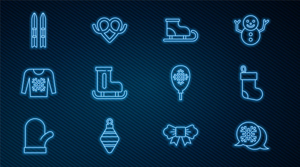 设置线雪花演讲泡泡，圣诞袜，花样滑冰，毛衣，滑雪和棍子，气球雪花和椒盐饼干图标。向量图片下载