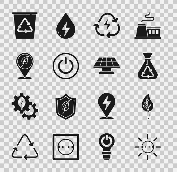 设置太阳能电池板，叶片或叶片，可回收垃圾袋，电池，电源按钮，定位叶片，回收站和图标。向量图片下载
