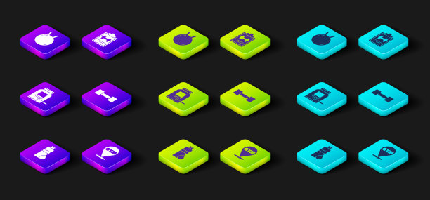 设置健身摇壶，位置健身房，运动营养，哑铃，训练计划和壶铃图标。向量图片下载