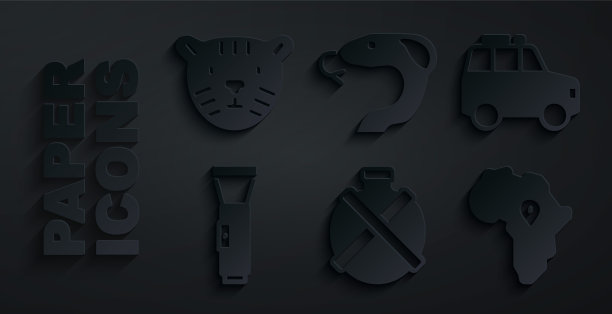 设置水壶水壶，汽车，手电筒，非洲地图，蛇和虎头图标。向量图片下载