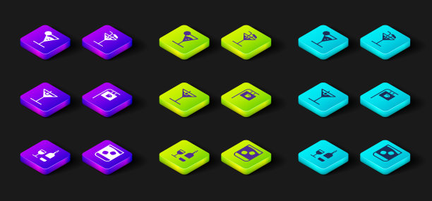 设置酒瓶与玻璃杯，玻璃杯的威士忌，马提尼，街头招牌酒吧，鸡尾酒和图标。向量图片下载