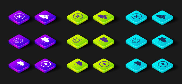 设置云与雨，闪电，龙卷风，月亮和开尔文图标。向量图片下载