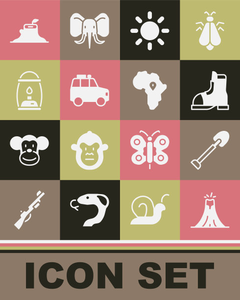 设置火山喷发，铲子，猎人靴子，太阳，汽车，野营灯笼，树桩和非洲的地图图标。向量图片下载