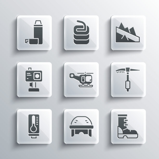 设置曲棍球头盔，防水橡胶靴，冰镐，救援直升机，气象温度计，行动相机，热水瓶和山脉下降图标。向量图片下载