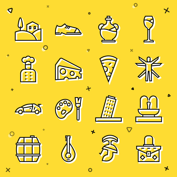 集线手袋，喷泉，维特鲁威人，橄榄油，奶酪，意大利厨师，村庄景观和切片披萨图标。向量图片下载