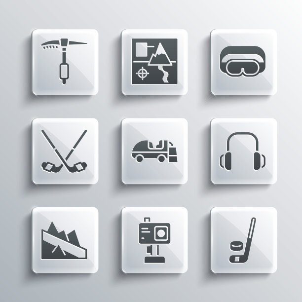 设置行动相机，冰球棍和冰球，冬季耳机，表面修复器，山地下降，棍子，斧头和滑雪镜图标。向量图片下载