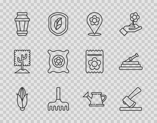 设置线玉米，木斧，位置与花，花园耙子，灯，装满植物种子，浇水罐和消防软管图标。向量图片下载