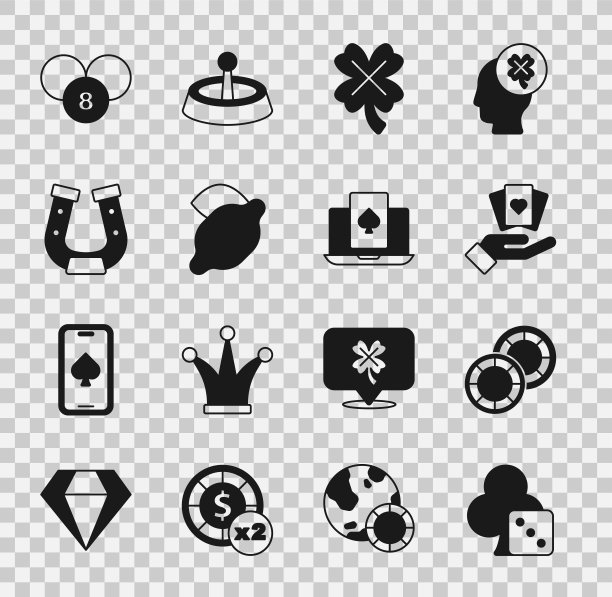 设置游戏骰子，赌场筹码，手持扑克牌，老虎机与三叶草，柠檬，马蹄铁，彩票球宾果和在线扑克桌游戏图标。向量图片下载
