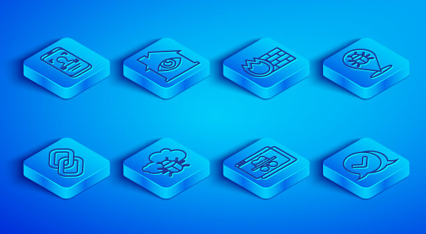 设置线移动和人脸识别，房子与眼睛扫描，防火墙，安全墙，系统bug云，浏览器隐身窗口，链链接和检查标记语音气泡图标。向量图片下载