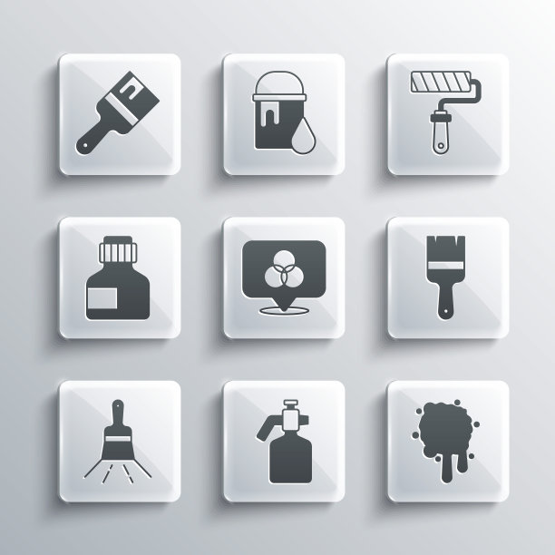 设置油漆喷枪，画笔，RGB和CMYK颜色混合，油漆，水粉，罐子，染料，和滚筒图标。向量图片下载