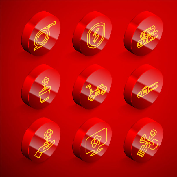 设置线花园软管或消防软管，盾叶，木制原木，花盆中的花，割草机，电锯，手握花和位置图标。向量图片下载