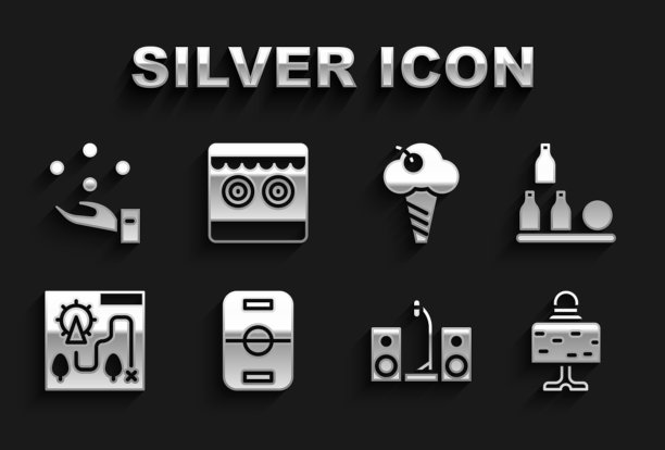 设置曲棍球桌，瓶子球，魔术，家庭立体声与两个扬声器，游乐园地图，冰淇淋在华夫饼锥体，杂耍和射击场图标。向量图片下载