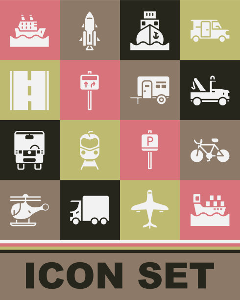 设置货轮与箱子，自行车，拖车，道路交通指示牌，邮轮和房车露营拖车图标。向量图片下载